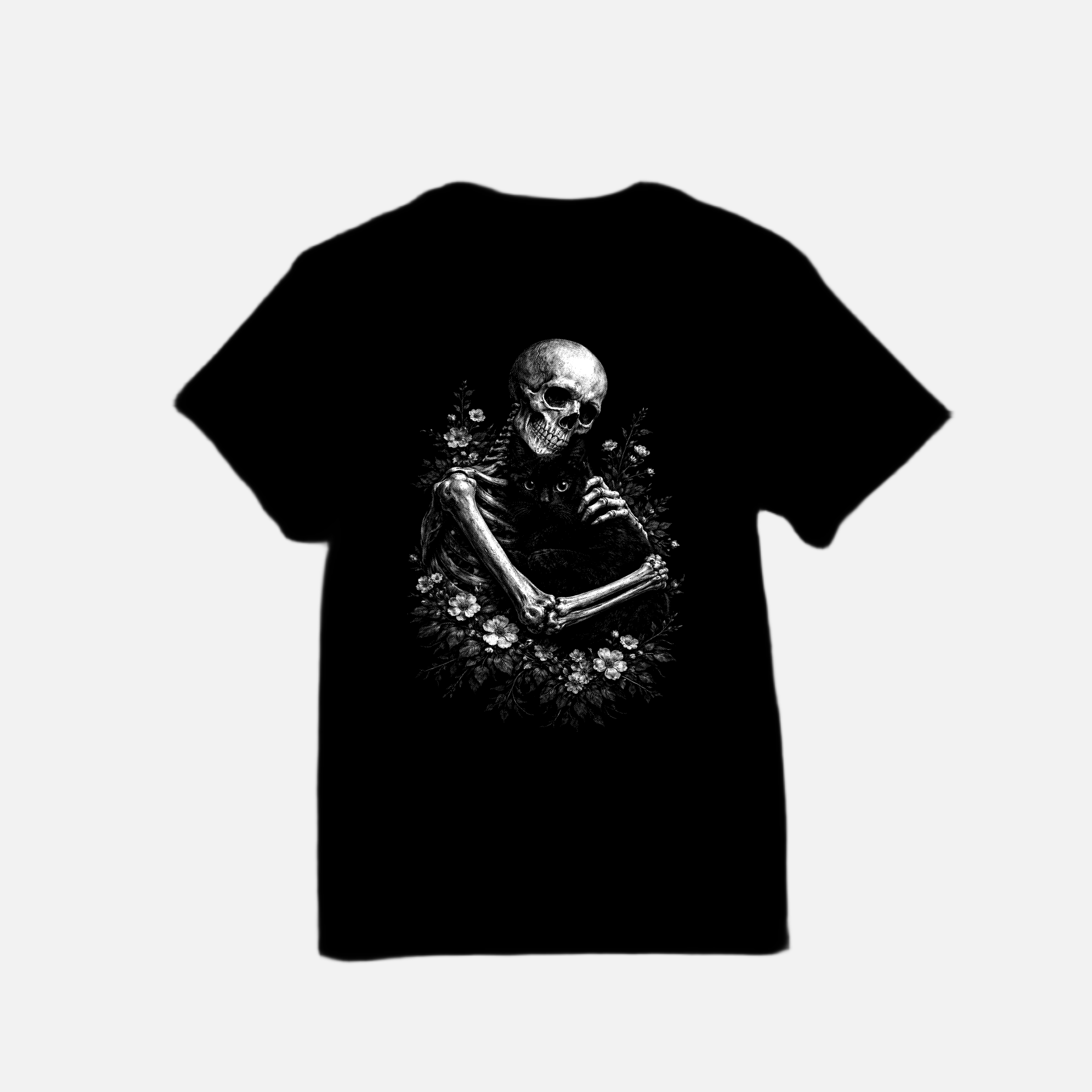 Midnight Familiar Tee – Gothic Cat & Skeleton Graphic Shirt